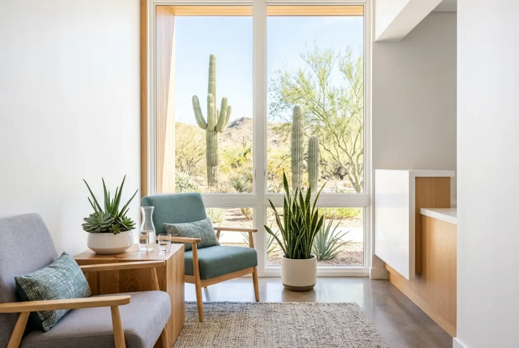 Welcoming dental office waiting area with soft seating and natural light