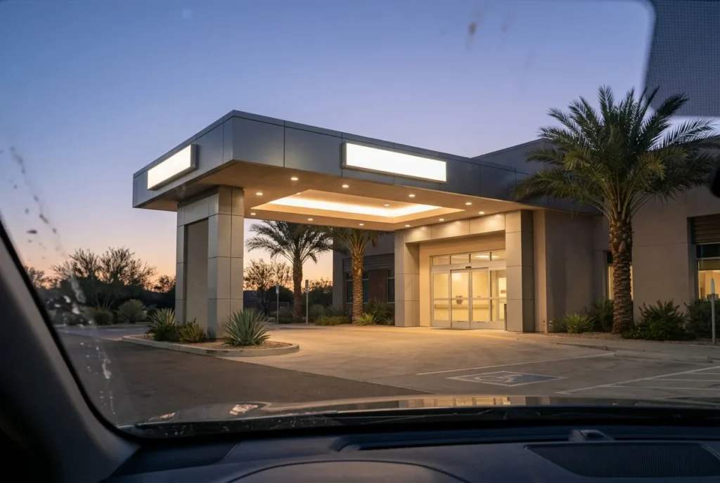 Hospital emergency entrance canopy at dusk, seen from a parked car