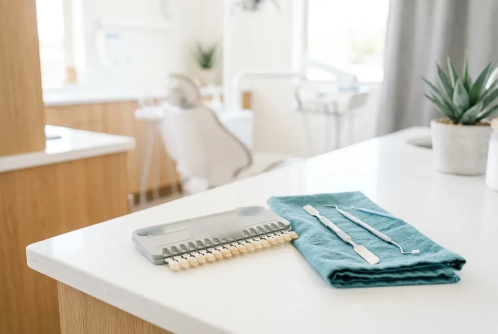 Composite shade guide and bonding tools ready for same-day broken tooth repair in Phoenix
