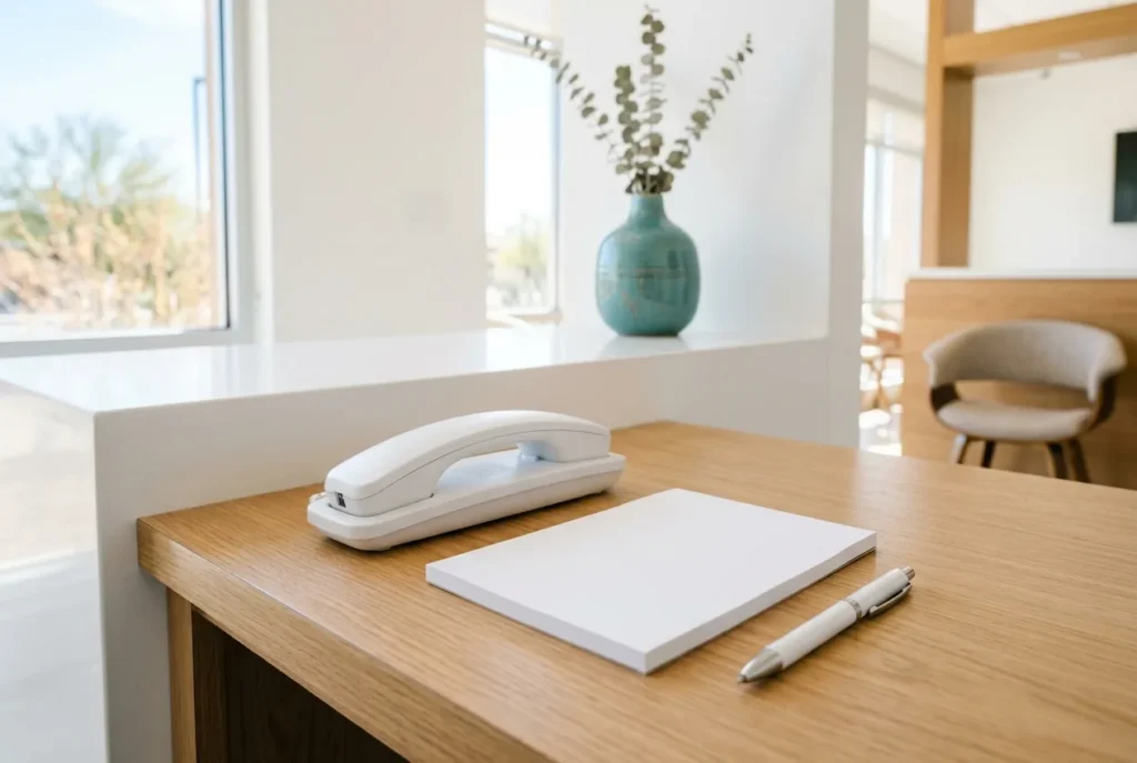 Phone and notepad at the front desk of a Phoenix dental office
