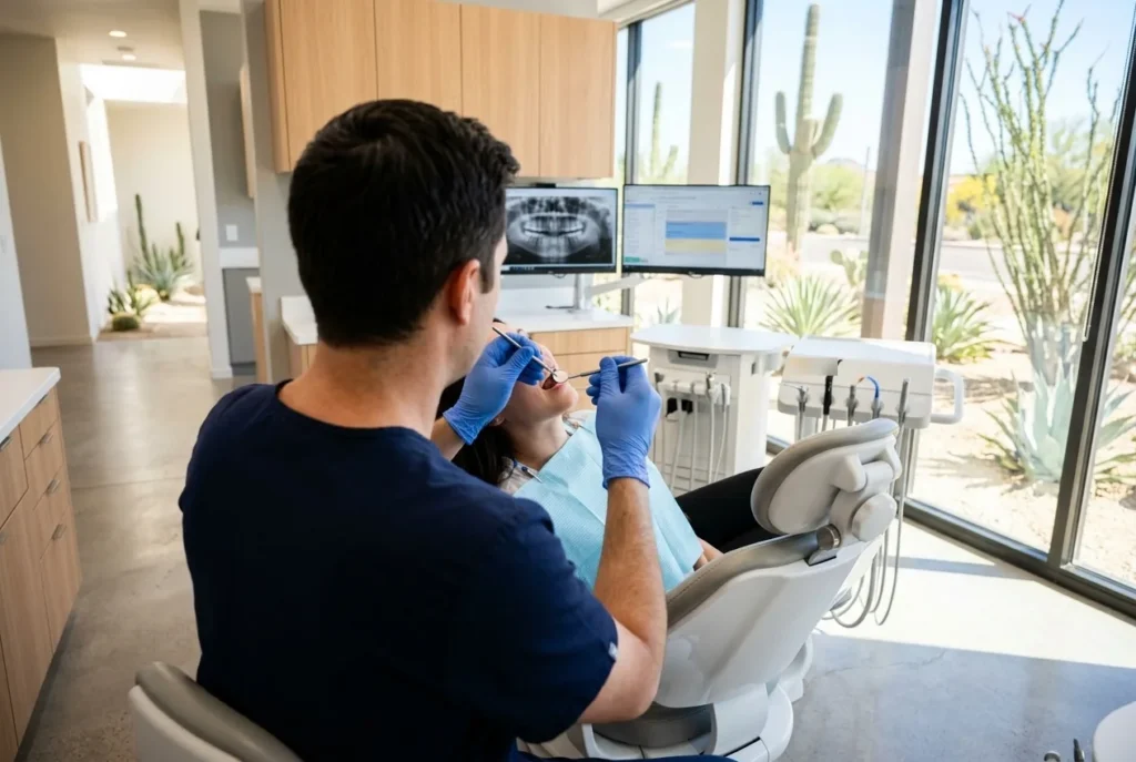 Dentist examining a patient during urgent dental abscess treatment in Phoenix