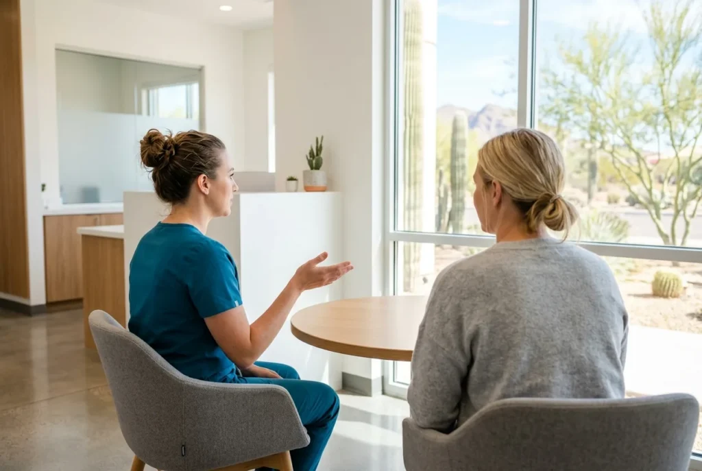 Dental team member answering a patient's questions at a Phoenix dental office