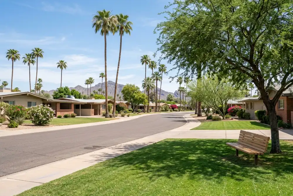Mid-century Phoenix neighborhood street with palms in the Alhambra area