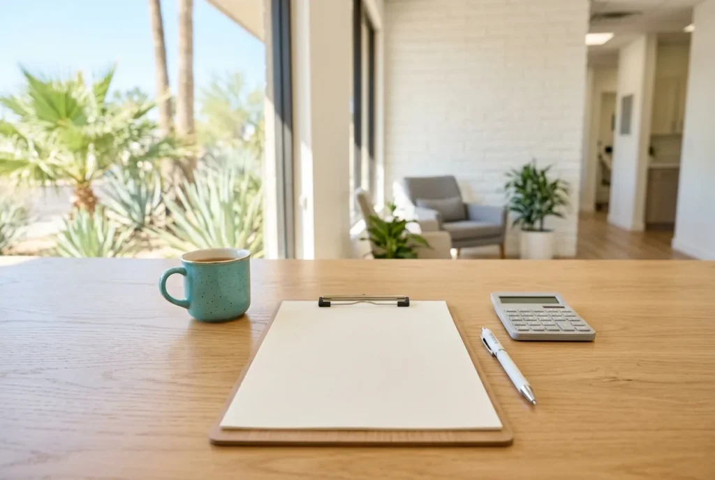 Clipboard with a blank treatment estimate on a desk at a Phoenix dental office