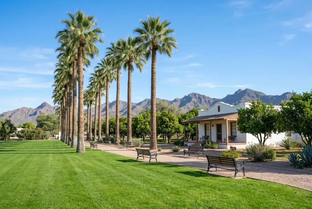 Palm-lined historic park lawn in Glendale, Arizona