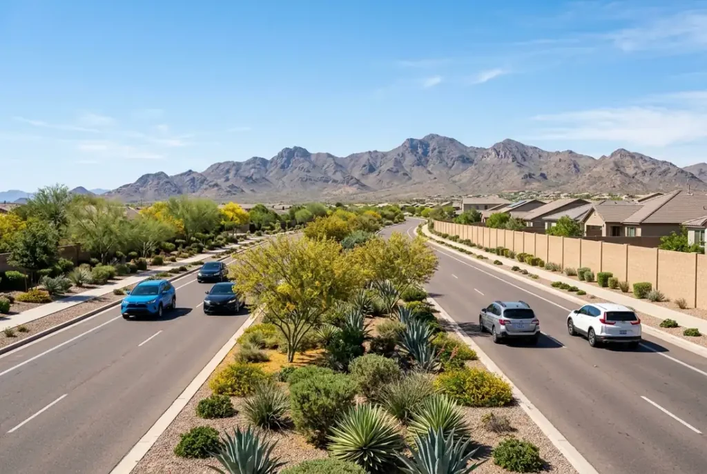 Suburban Peoria, Arizona street with mountains in the distance