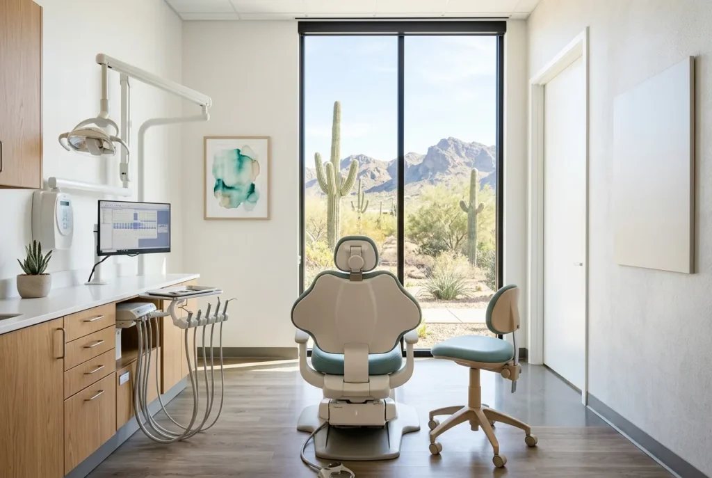 Sillón dental cómodo en un consultorio luminoso de Phoenix para endodoncias el mismo día