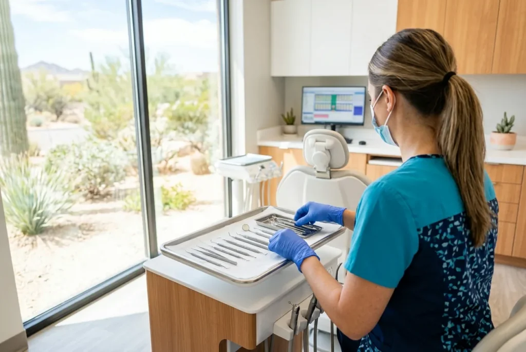 Dental professional preparing sterile instruments for an emergency tooth extraction in Phoenix