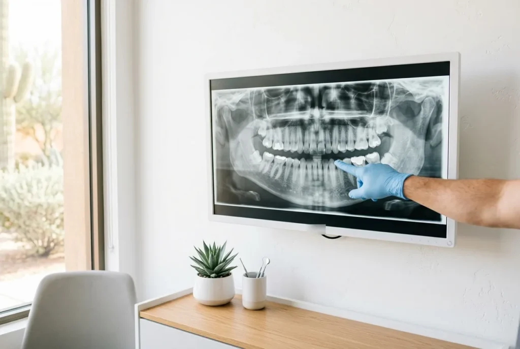 Dental X-ray on a monitor reviewed before an emergency wisdom tooth extraction in Phoenix