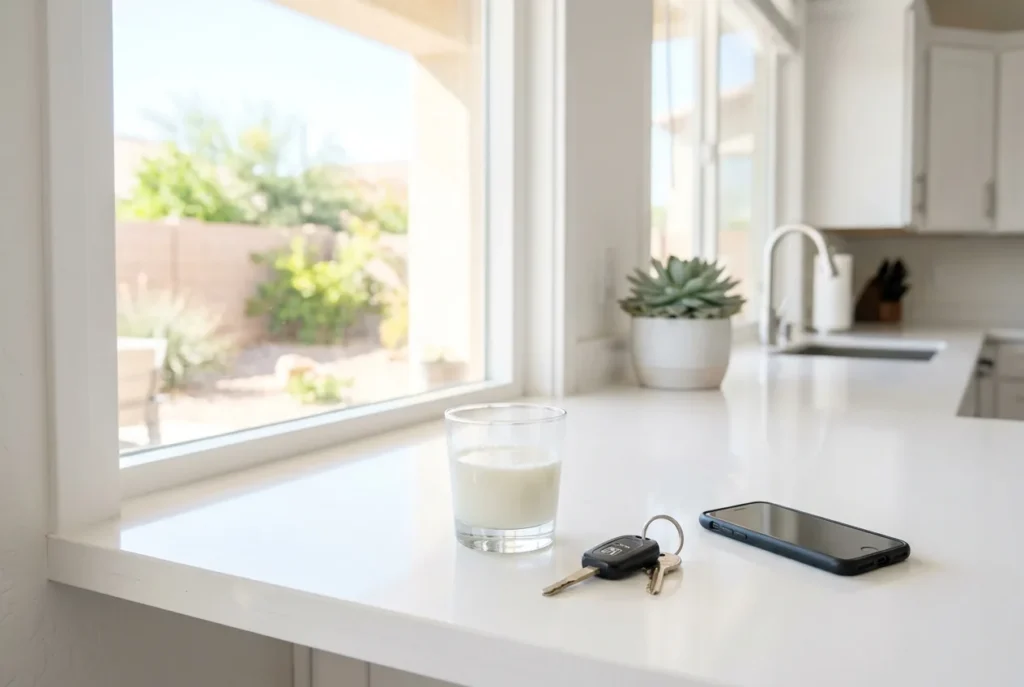 Small glass of milk on a kitchen counter, the right way to carry a knocked-out tooth to a Phoenix dentist