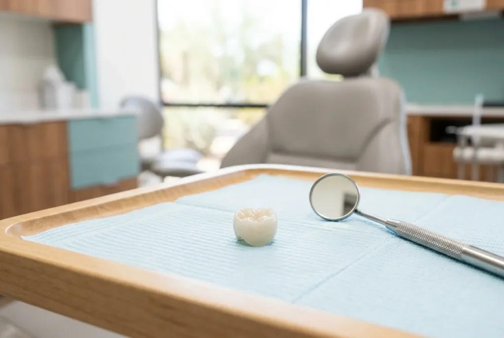 Dental crown on a tray beside instruments, ready for same-day replacement in Phoenix