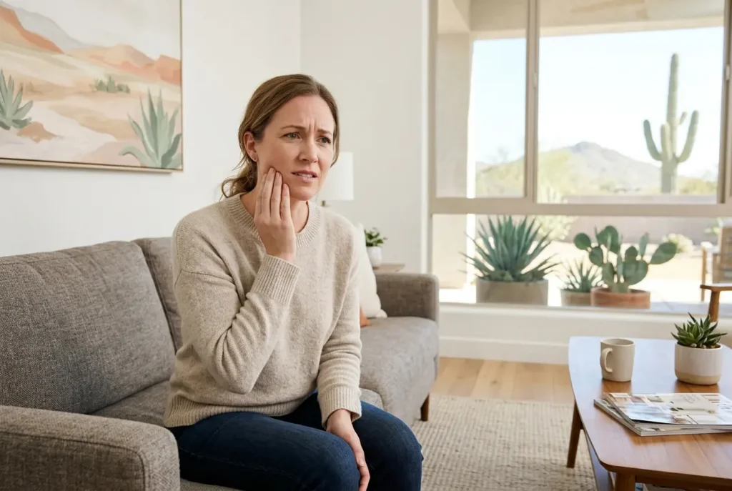 Person with wisdom tooth pain holding their jaw before a same-day visit in Phoenix